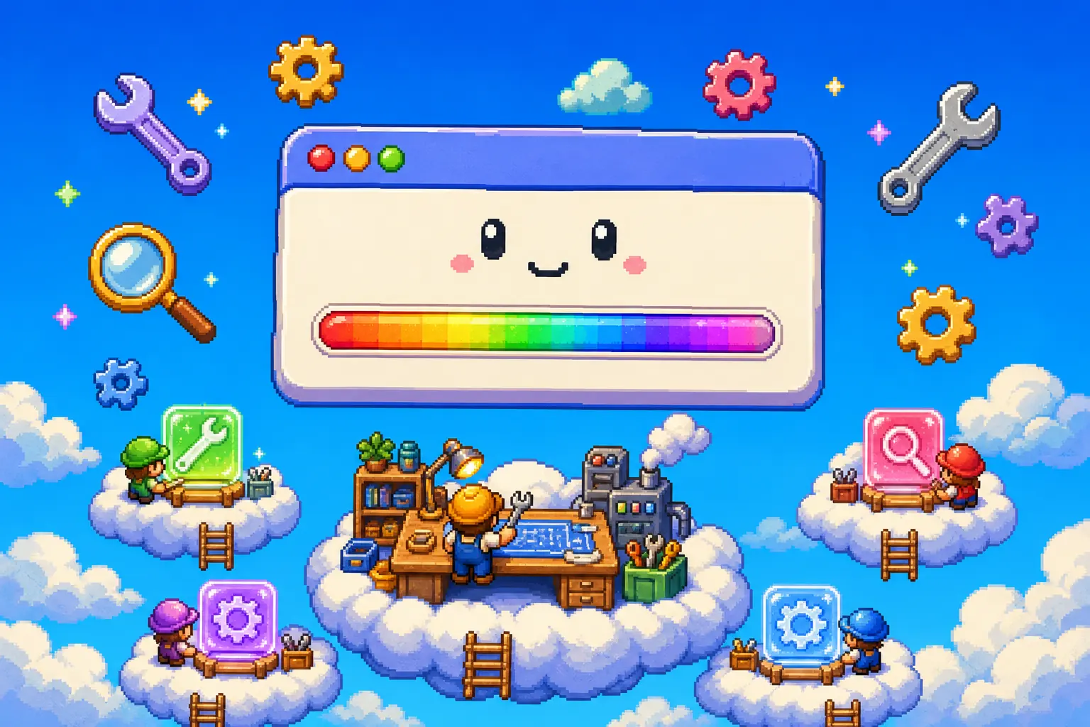 Pixel art of a large browser window floating over a cloud workshop of tools