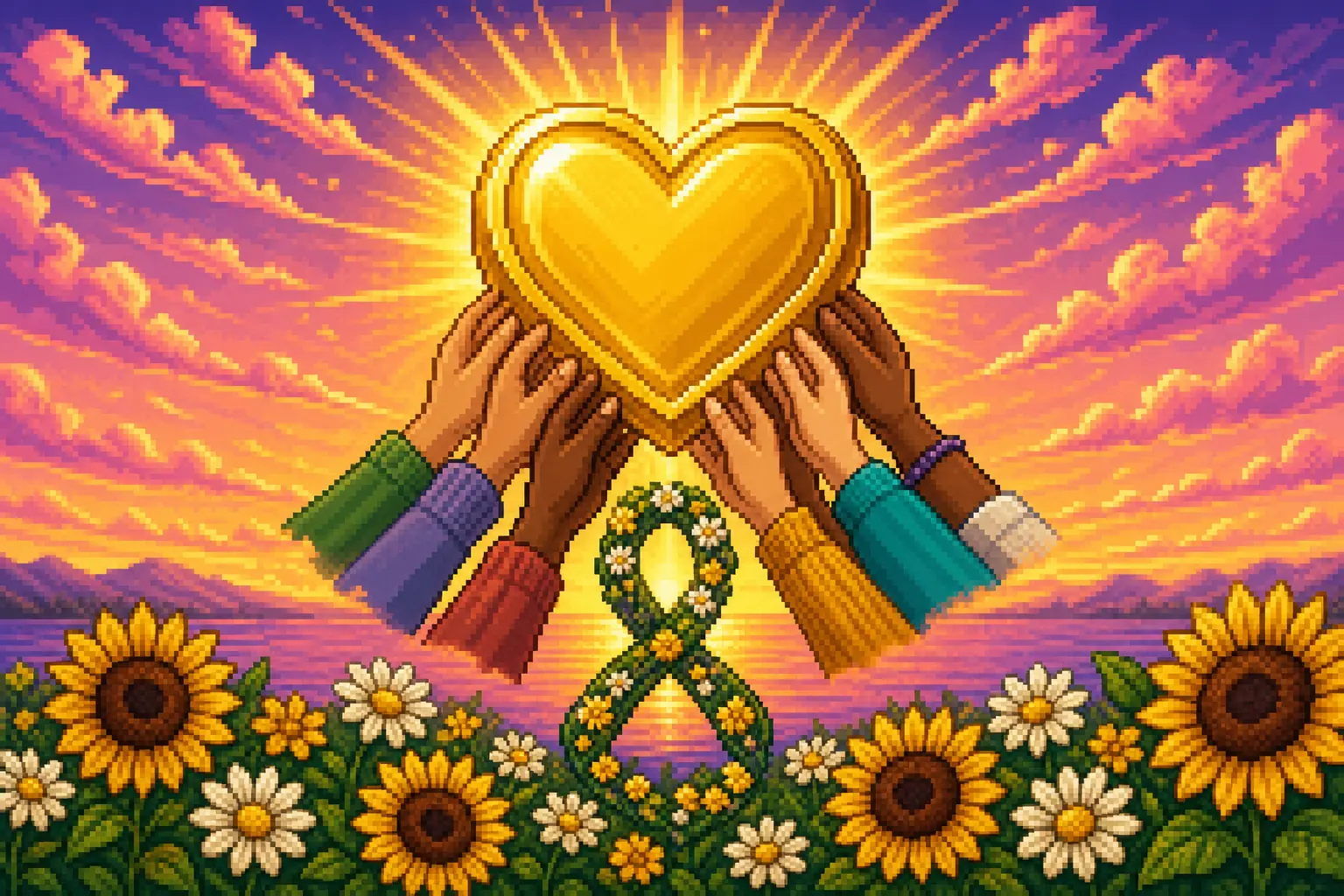Pixel art of many hands holding up a golden heart-shaped coin under a hopeful sunrise