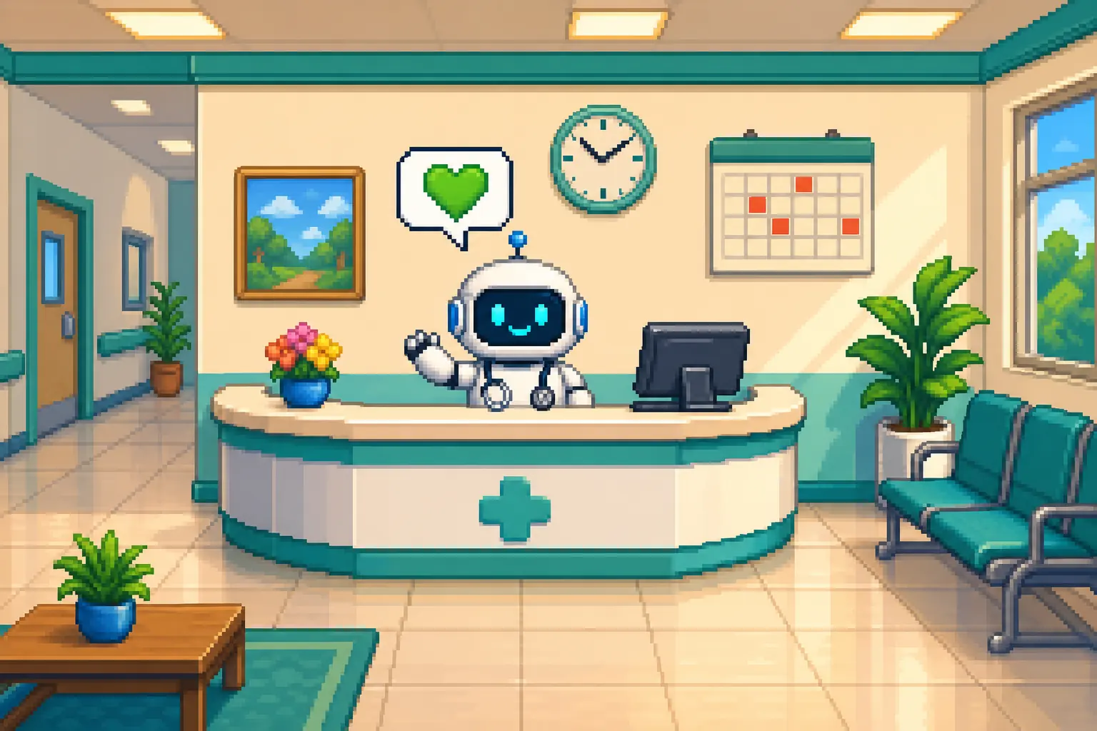 Pixel art of a friendly medical robot at a bright hospital reception desk