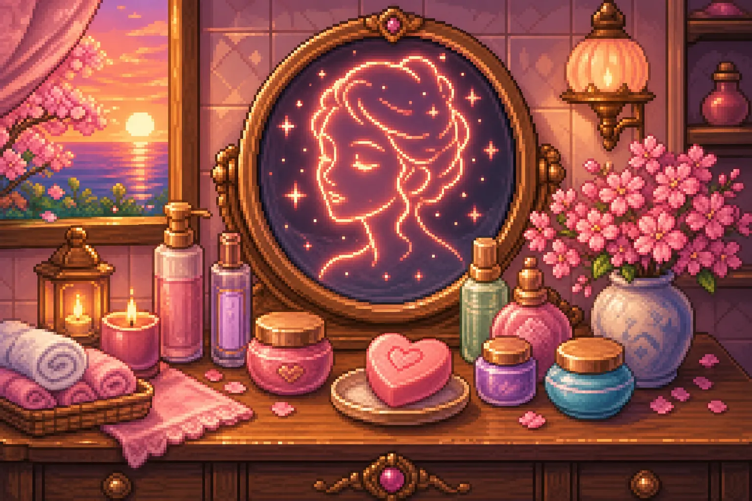 Pixel art of an elegant vanity mirror with skincare bottles and cherry blossoms