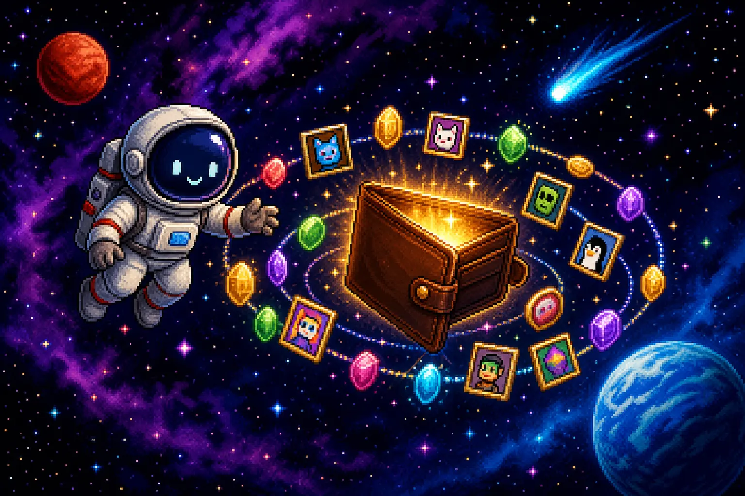 Pixel art of an astronaut beside a glowing wallet orbited by coins and NFT frames in space