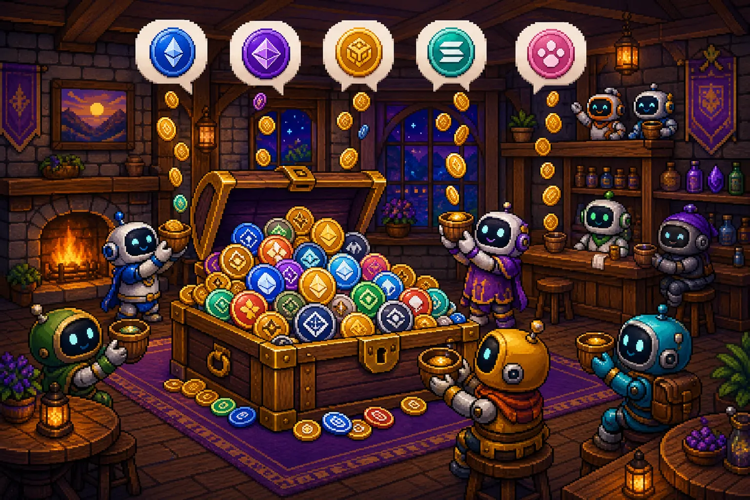 Pixel art of a treasure chest overflowing with coins in a cozy chatroom where coins rain from speech bubbles