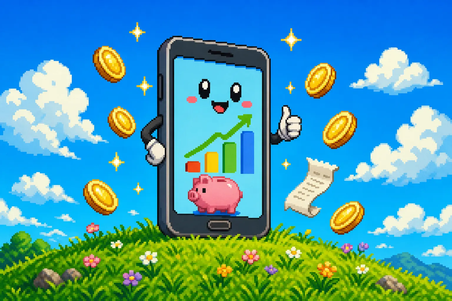 Pixel art of a smartphone on a sunny meadow showing a rising savings chart, gold coins sparkling around it