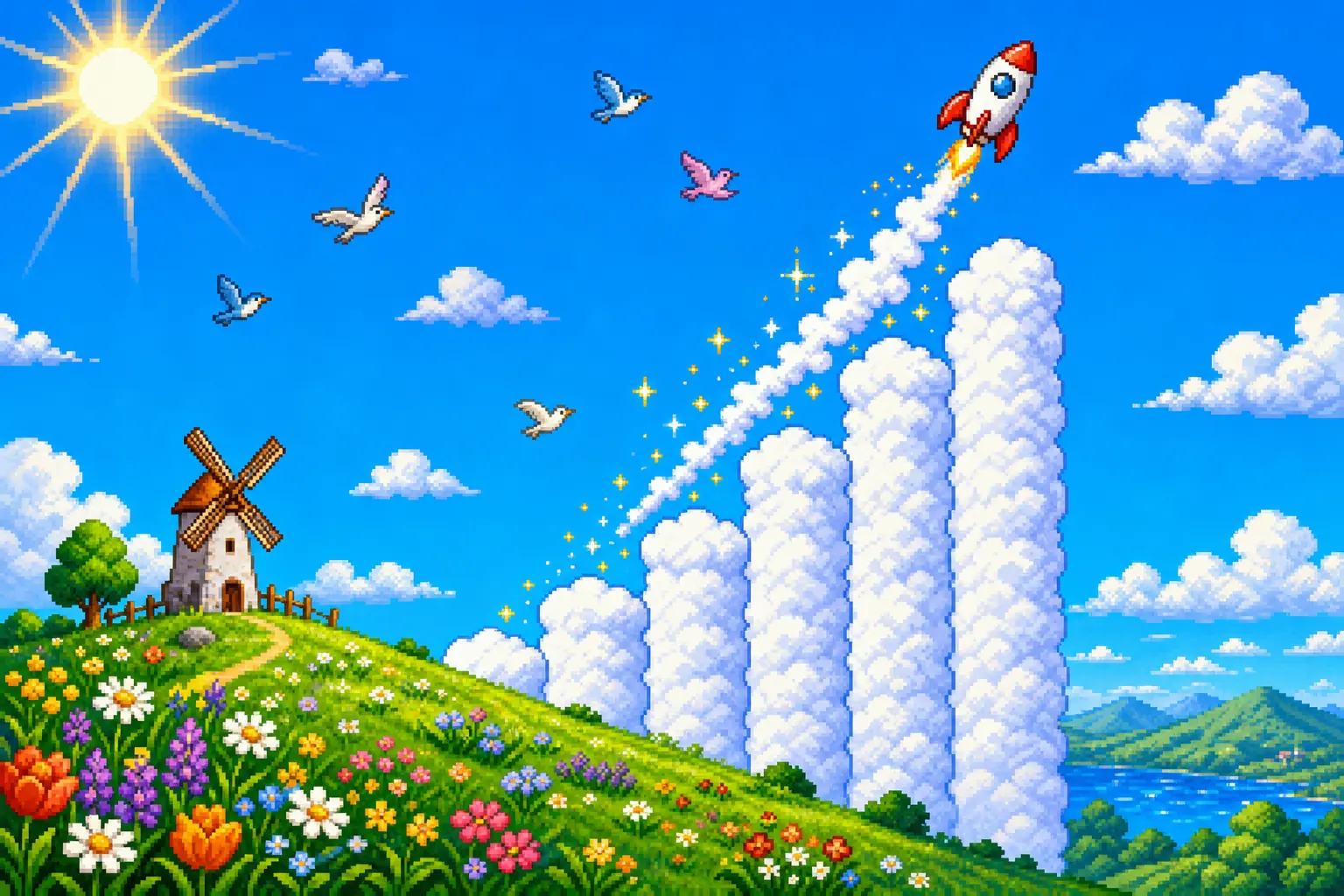 Pixel art of a cheerful rocket climbing a staircase of clouds shaped like a rising chart above a flowery hill