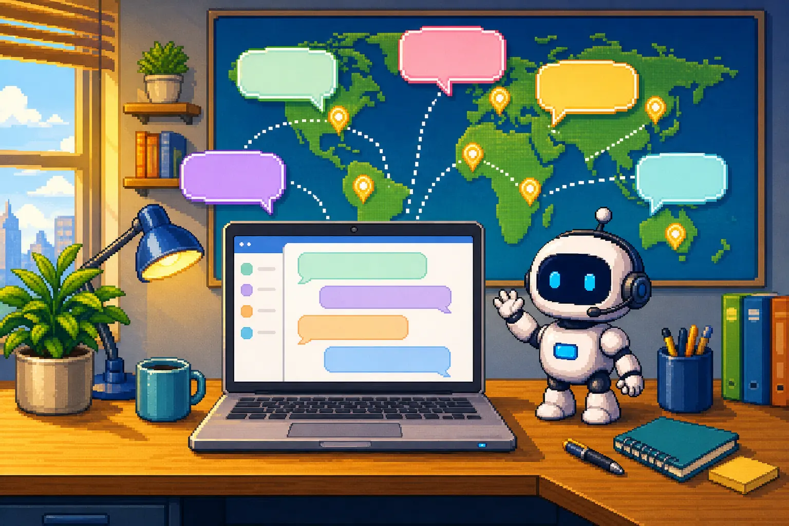 Pixel art of a bright office desk with a chat interface on a laptop, a friendly robot assistant and a world map of connected conversations