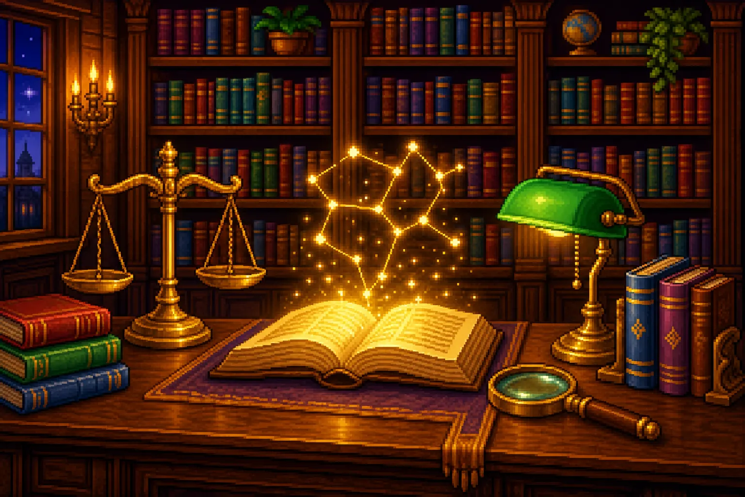 Pixel art of a warm law library with scales of justice and a glowing open book forming a knowledge graph