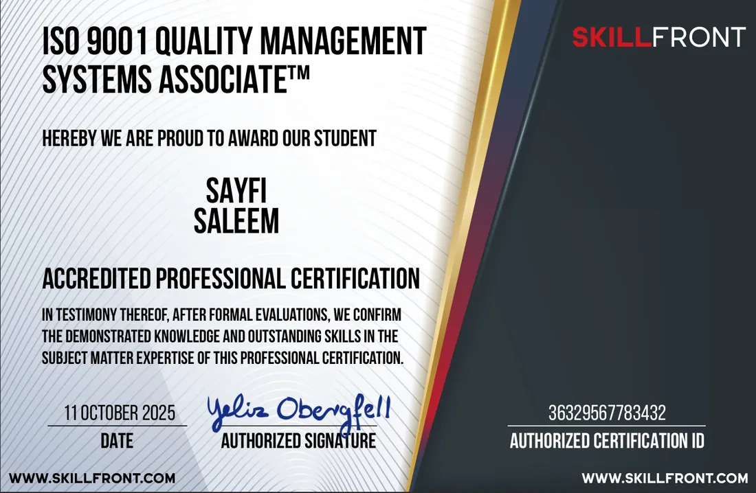 Certificate: ISO 9001 Quality Management Systems Associate™, SkillFront · 2025