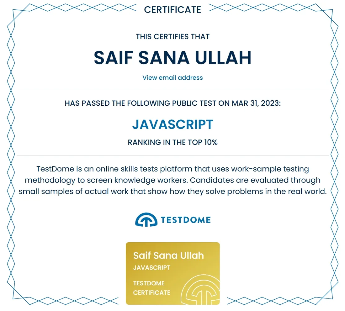 Certificate: Enterprise JavaScript, TestDome · Top 10%