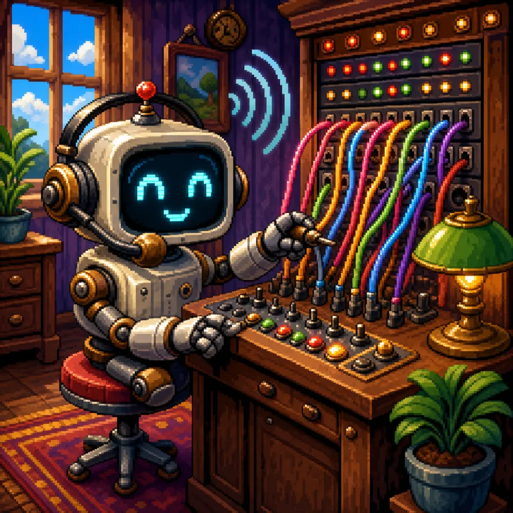 Pixel art of a retro robot with a headset at a glowing switchboard