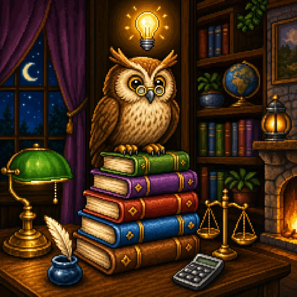 Pixel art of a wise owl with glasses perched on a stack of books under a glowing lightbulb