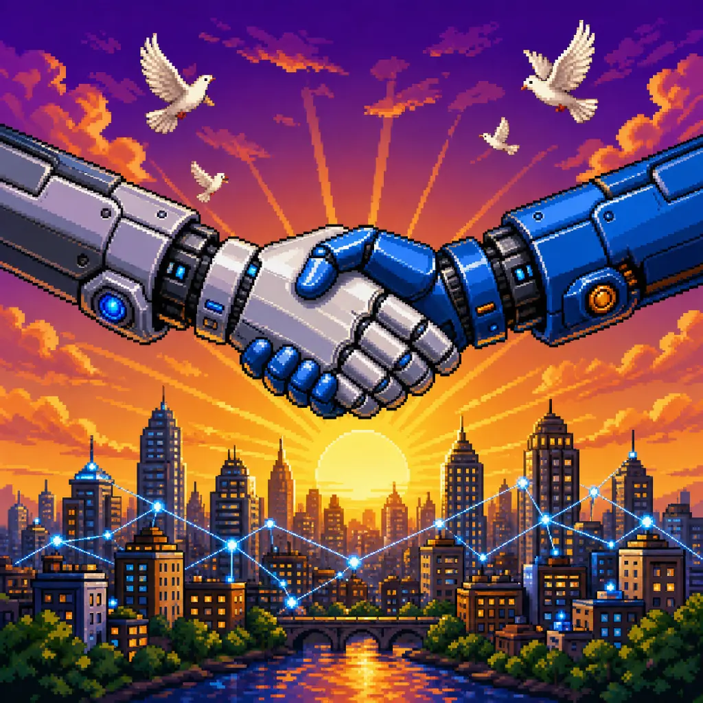 Pixel art of two robot hands shaking above a city skyline at sunrise