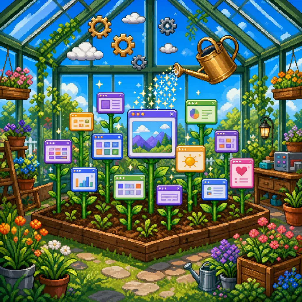 Pixel art of a greenhouse where glowing app windows grow like plants