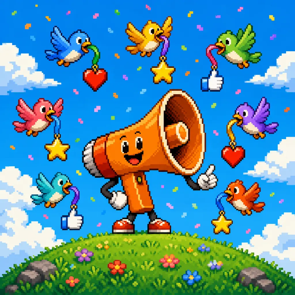 Pixel art of a cheerful megaphone on a hill surrounded by birds carrying hearts and stars