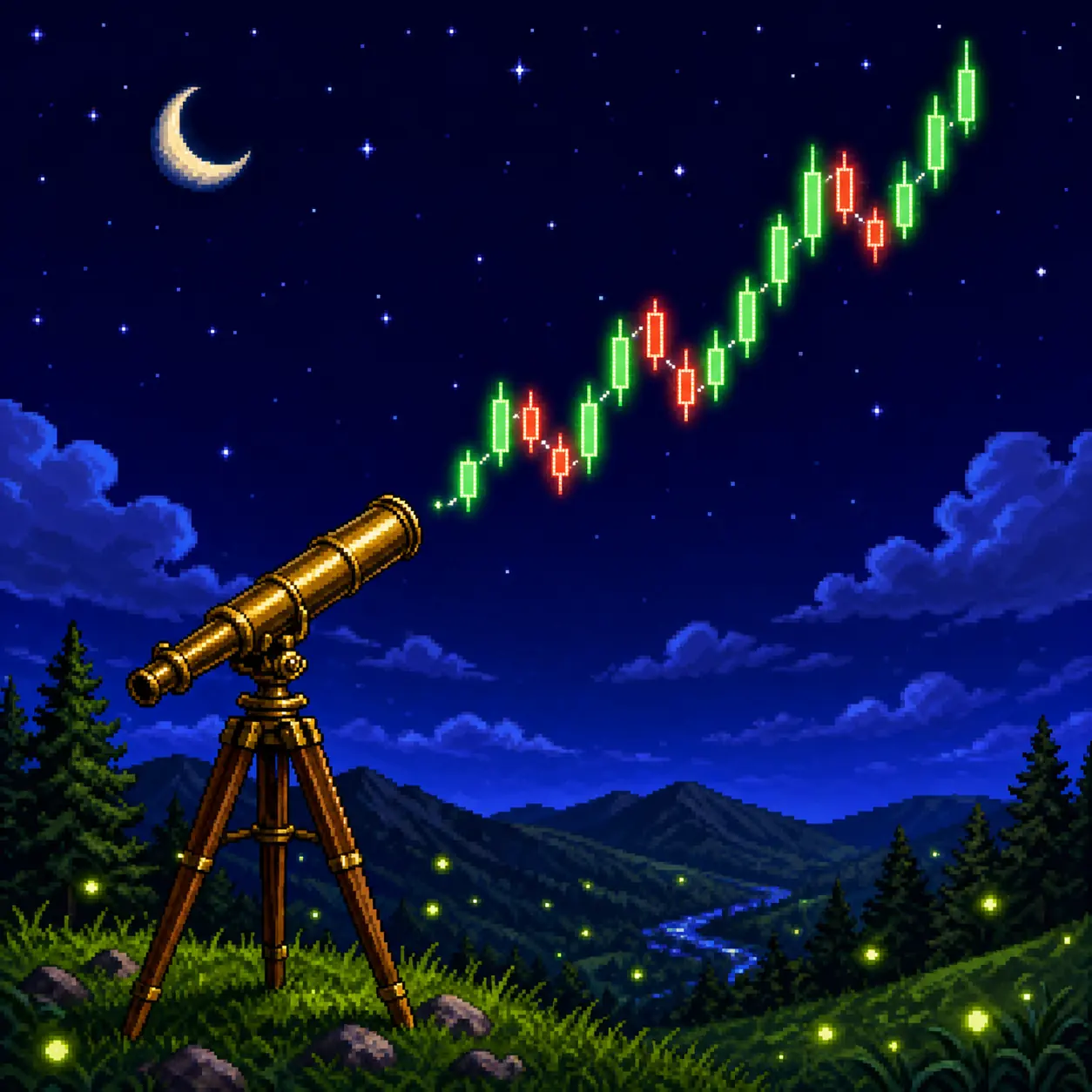 Pixel art of a telescope pointed at constellations shaped like a rising candlestick chart