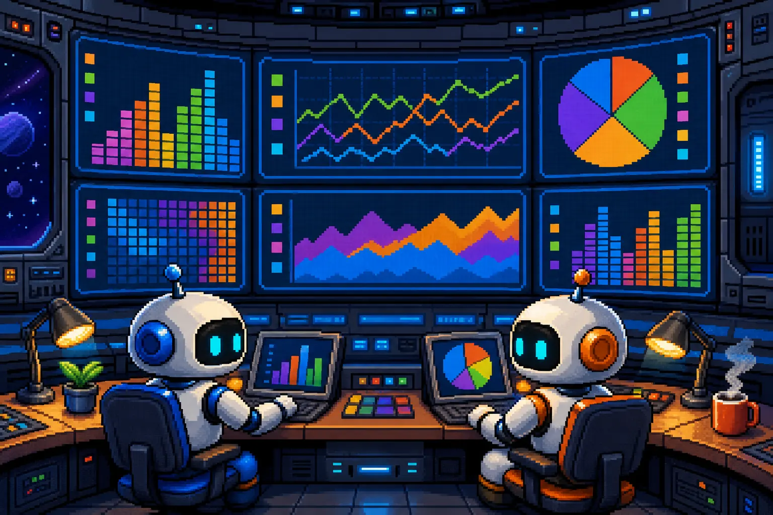 Pixel art of a mission control room with big screens of colorful charts