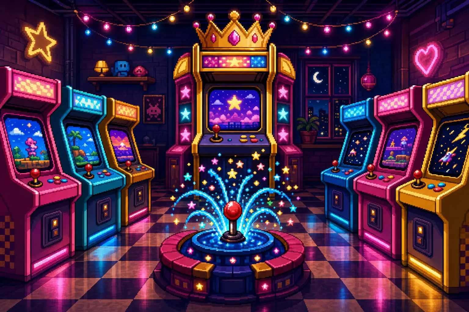Pixel art of a neon retro arcade room with glowing game cabinets