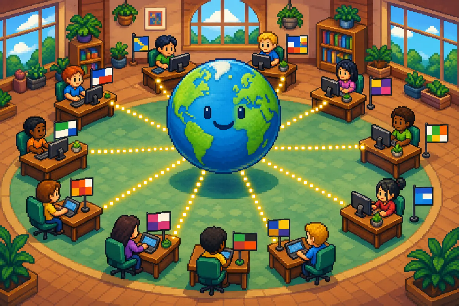 Pixel art of a globe surrounded by connected office desks with workers from around the world