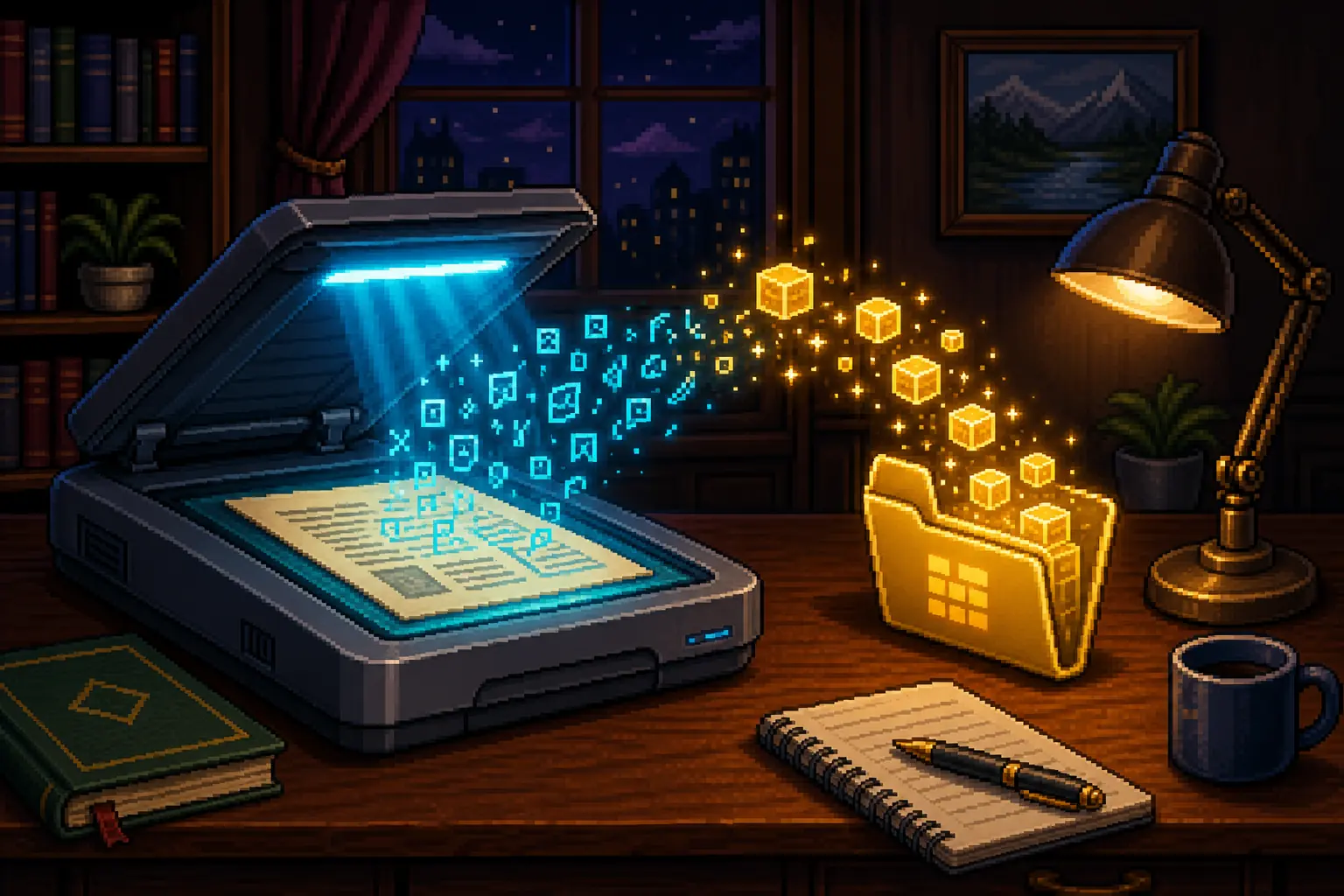 Pixel art of a scanner beaming light over a document as data lifts off the page