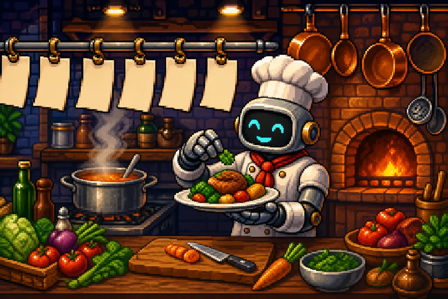 Pixel art of a cozy restaurant kitchen with a chef robot plating a dish