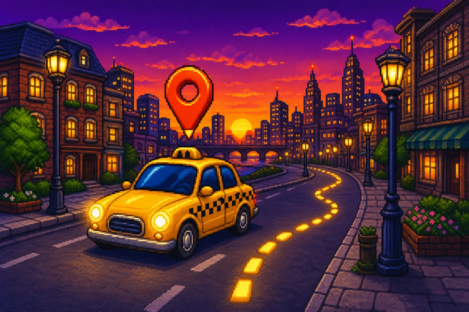 Pixel art of a yellow taxi on a dusk city street with a floating map pin and GPS route