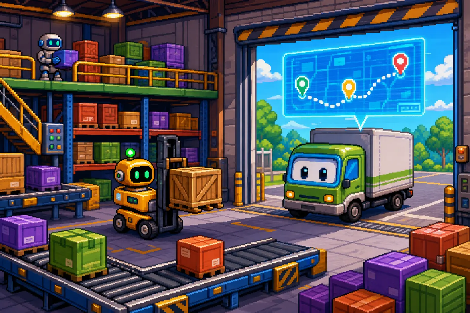 Pixel art of a warehouse with conveyor belts, boxes and a delivery truck with a route map