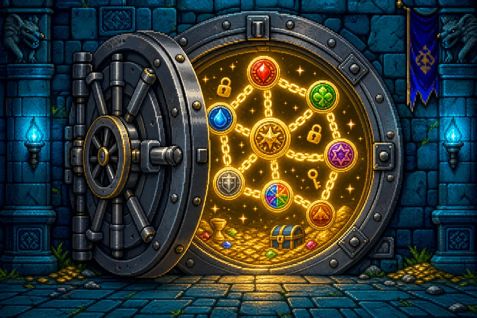 Pixel art of an open bank vault revealing glowing chains linking colorful crypto coins
