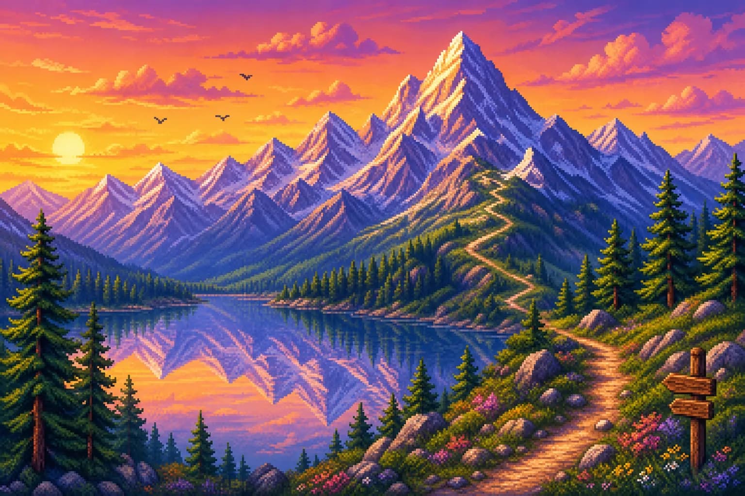 Pixel-art mountain range at golden hour with a winding trail climbing from an alpine lake toward the sunlit summit