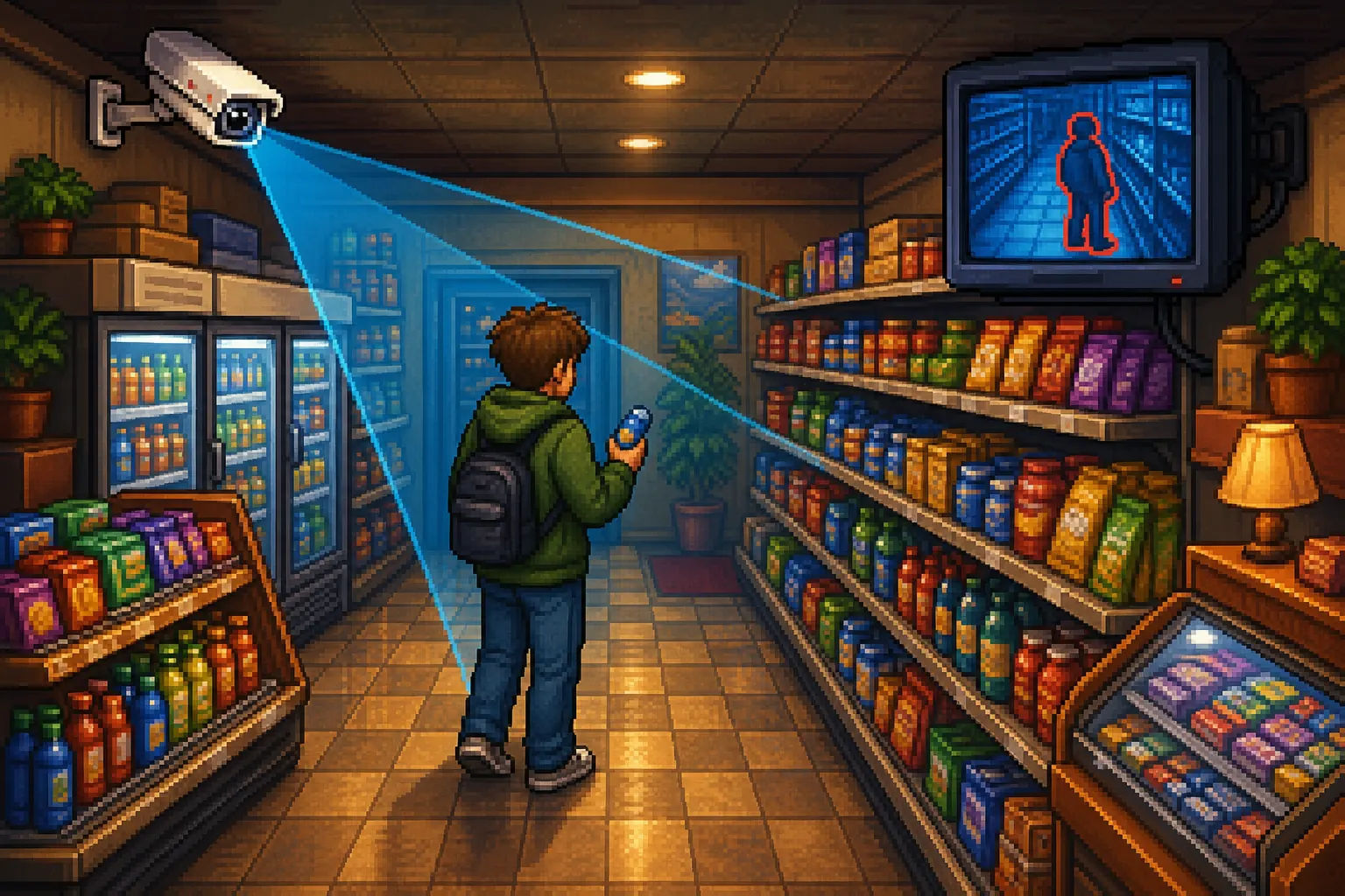 Pixel art of a retail store aisle watched over by a security camera casting a blue detection beam