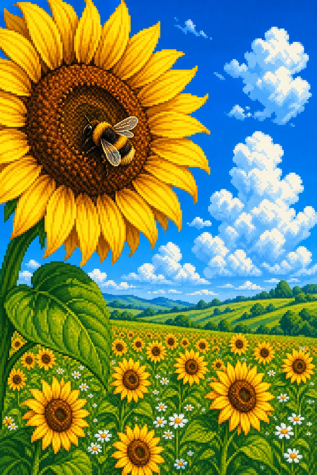 Pixel-art sunflower field under a blue summer sky, a bumblebee resting on the largest sunflower