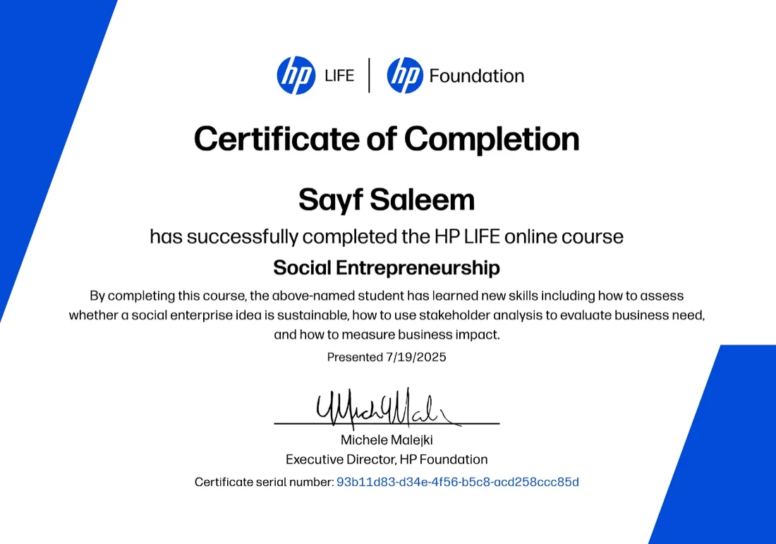 Certificate: Social Entrepreneurship, HP · 2024-2025