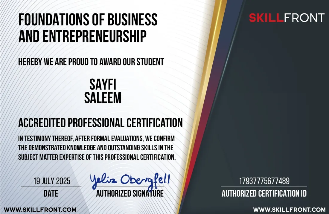 Certificate: Business & Entrepreneurship, SkillFront · 2024-2025
