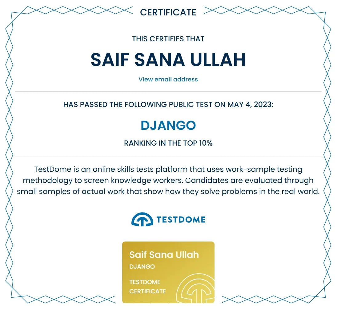 Certificate: Enterprise Django, TestDome · Top 10%
