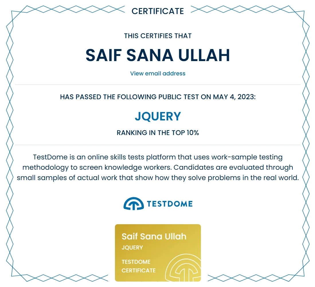 Certificate: jQuery Development, TestDome · Top 10%