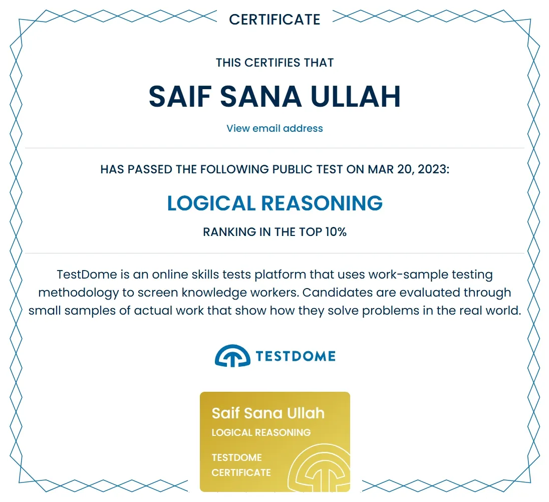Certificate: Logical Reasoning & Problem Solving, TestDome · Top 10%
