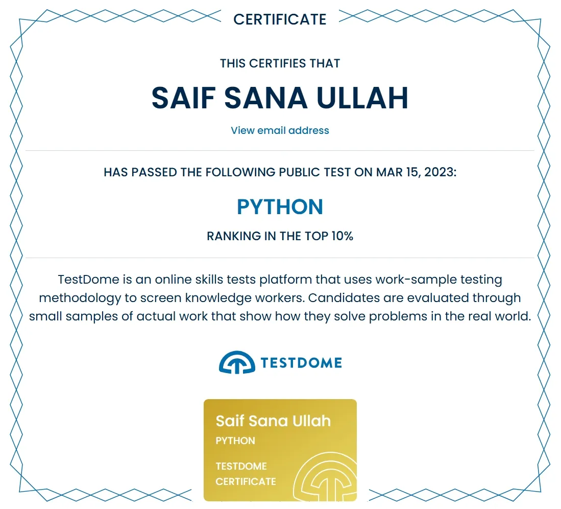 Certificate: AI & Machine Learning with Python, TestDome · Top 10%