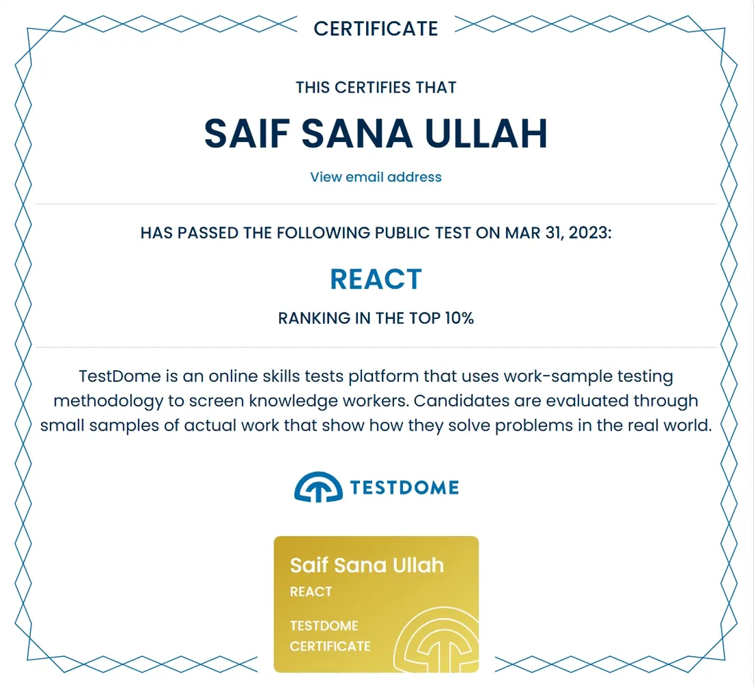 Certificate: Advanced React Development, TestDome · Top 10%