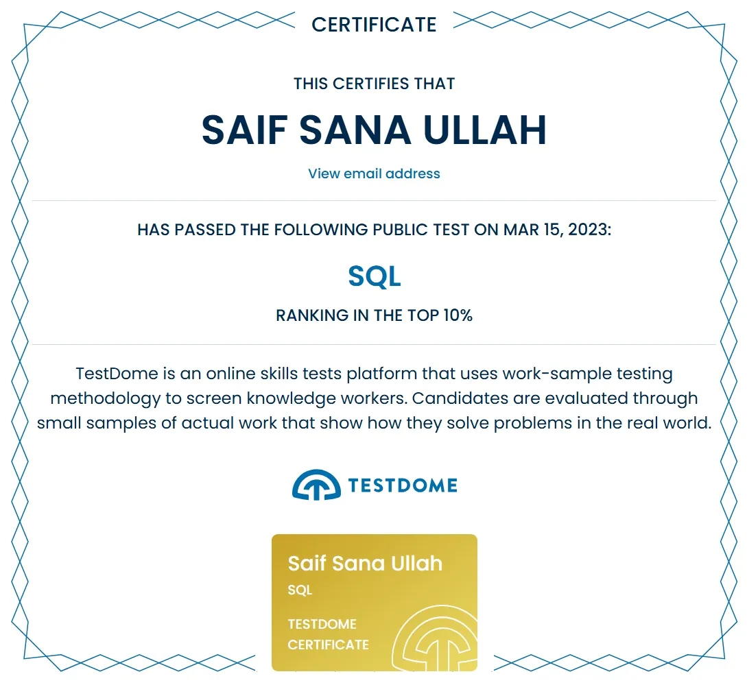 Certificate: Advanced SQL & Database Optimization, TestDome · Top 10%